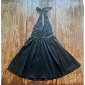 Vintage Style Black Halter Mini Dress Smocked Back Rockabilly A-Line Flare Skirt